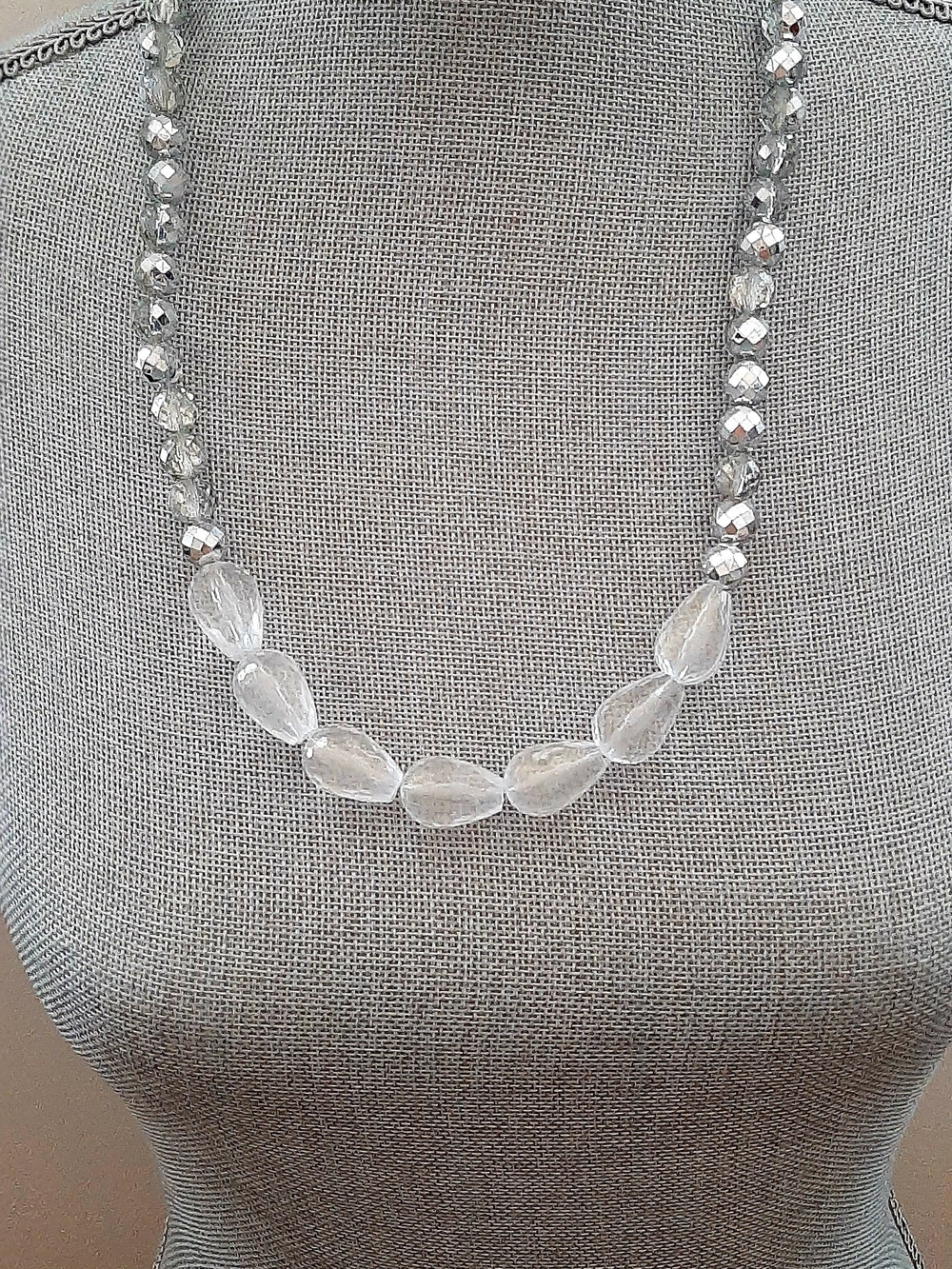 Crystal Bead Statement Necklace - Clear and Silver